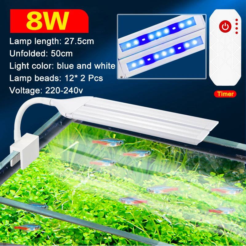 LED Aquatic Plant Grow Full Spectrum Timing Lamp 220-240V 30~70CM 4W 8W 13W