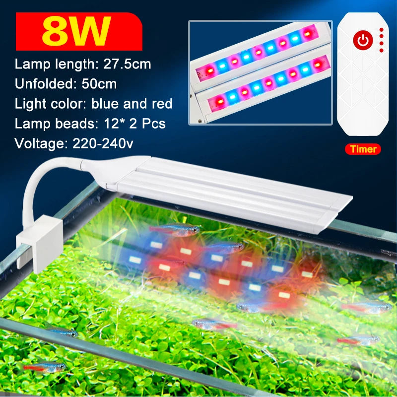 LED Aquatic Plant Grow Full Spectrum Timing Lamp 220-240V 30~70CM 4W 8W 13W