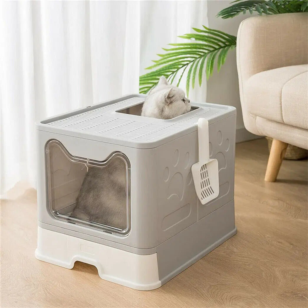 Front Entry Top Exit Cat Litter Tray Box Scoop Drawer Foldable